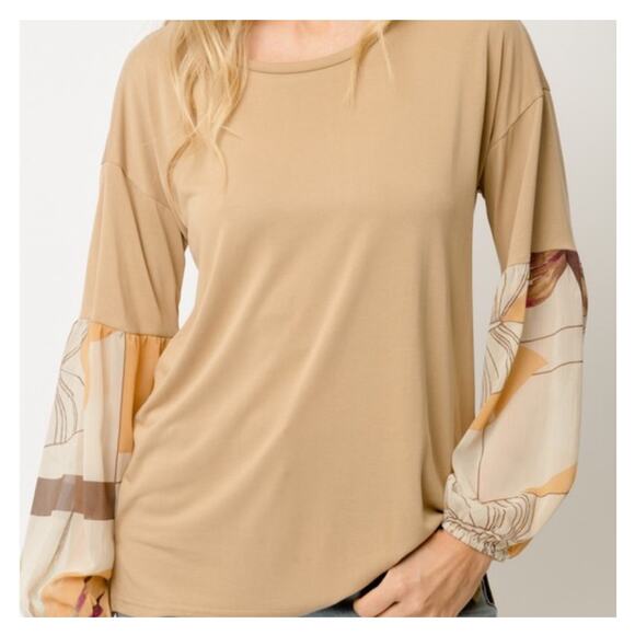 NWT, Women’s Tan Tropical Balloon Sleeve Top Sz Lrg Super Soft “Pretty” K252 - Picture 3 of 4